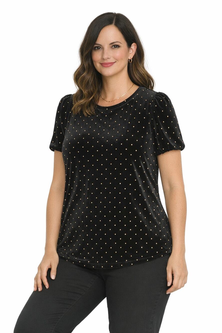 Anne Klein Sz M Velvet Top Black & Gold Dot Old Money Date Night Puff Sleeve EUC